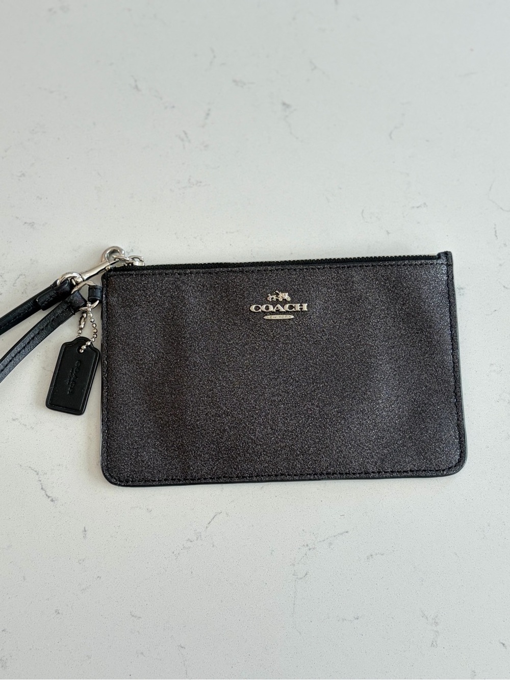 Coach Black Glitter Metallic Wristlet Zip Pouch Wallet Clutch